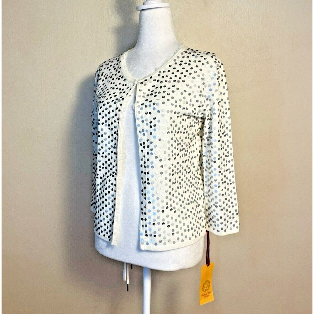 Ruby Road New Cardigan Sweater Size PS White Silver Sequin Classy Preppy  3/4